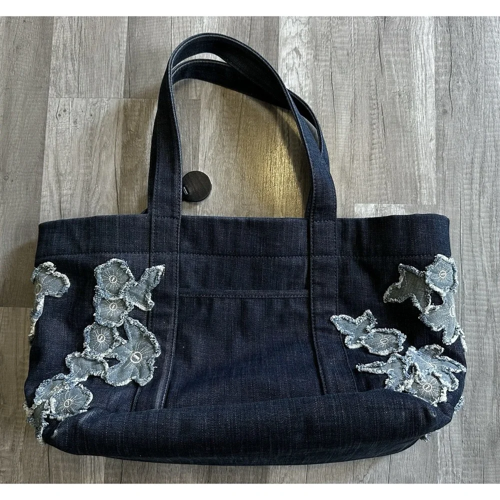 Michael Kors Denim Floral Appliqué Tote Bag Large Blue MK Shoulder Bag***RARE***